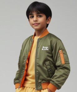 Bugs & Lola Premium Kids Satin Bomber Jacket – Olive Green with Orange Lining