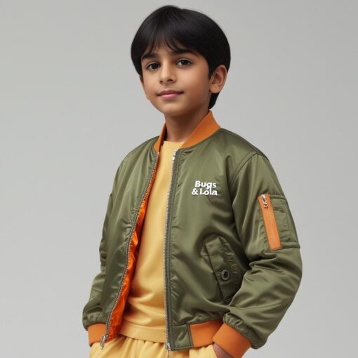 Bugs & Lola Premium Kids Satin Bomber Jacket – Olive Green with Orange Lining