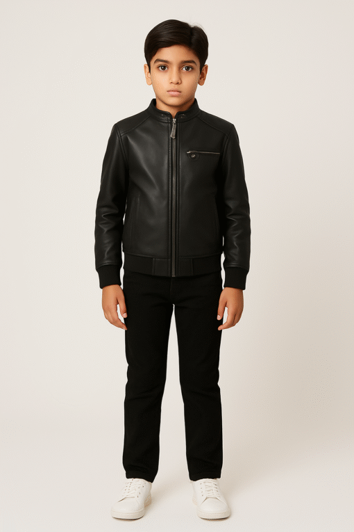 Kids Black Leather Jacket – Stylish Winter Wear in Pakistan - Image 3