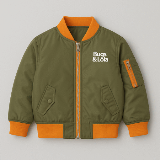 Bugs & Lola Premium Kids Satin Bomber Jacket – Olive Green with Orange Lining - Image 2