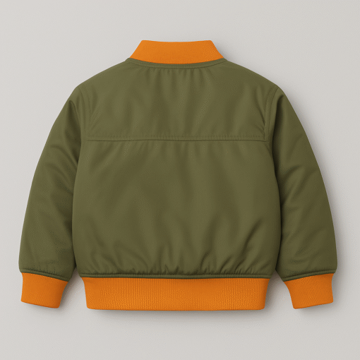 Bugs & Lola Premium Kids Satin Bomber Jacket – Olive Green with Orange Lining - Image 3