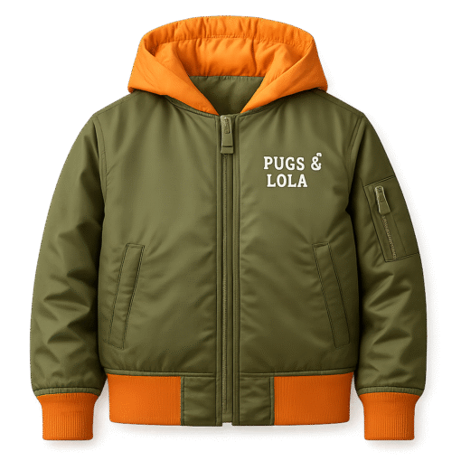 Bugs & Lola Kids Olive Green Satin Bomber Jacket with Orange Lining - Image 2