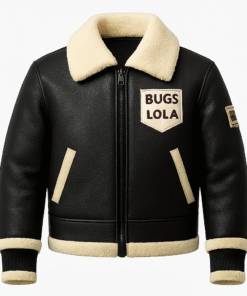 Kids Black Real Leather Jacket with Shearling Fur Collar – Bugs Lola Edition