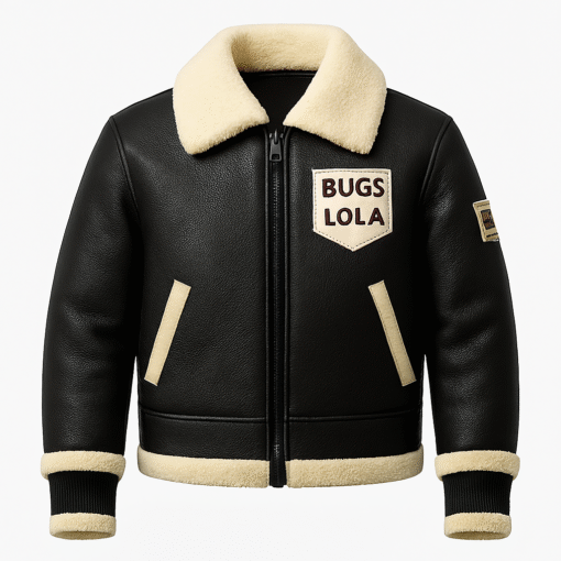 Kids Black Real Leather Jacket with Shearling Fur Collar – Bugs Lola Edition