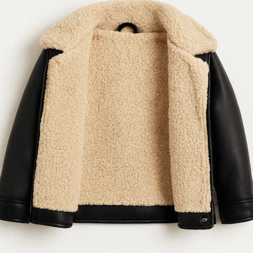 Kids Faux Leather Sherpa Jacket – Black Winter Coat for Boys & Girls - Image 2