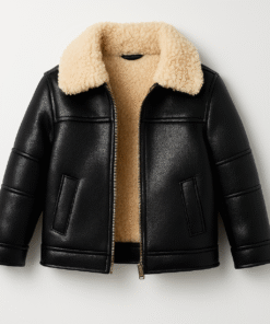 Kids Faux Leather Sherpa Jacket – Black Winter Coat for Boys & Girls