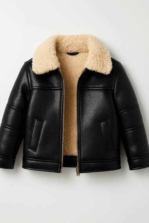 Kids Faux Leather Sherpa Jacket – Black Winter Coat for Boys & Girls