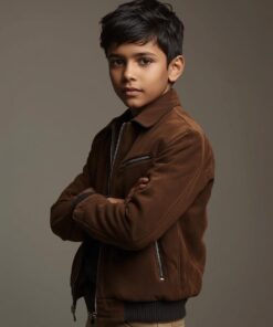 Kids Suede Leather Bomber Jacket – Stylish Winter Wear for Boys