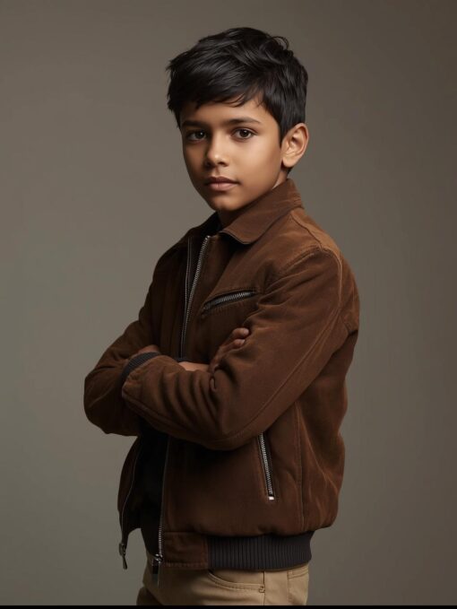 Kids Suede Leather Bomber Jacket – Stylish Winter Wear for Boys