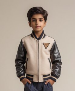 BUGS & LOLA Kids Wool Body Jacket with Leather Sleeves – Beige & Black