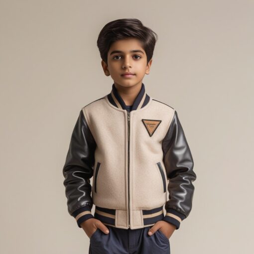 BUGS & LOLA Kids Wool Body Jacket with Leather Sleeves – Beige & Black