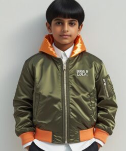 Bugs & Lola Kids Olive Green Satin Bomber Jacket with Orange Lining