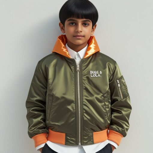 Bugs & Lola Kids Olive Green Satin Bomber Jacket with Orange Lining