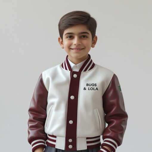 Bugs & Lola Unisex Varsity Jacket – Maroon & Cream Leather Baseball Jacket for Streetwear & Casual Outfits - Image 2