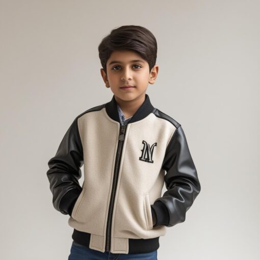 BUGS & LOLA Kids Wool Varsity Jacket – Beige & Black