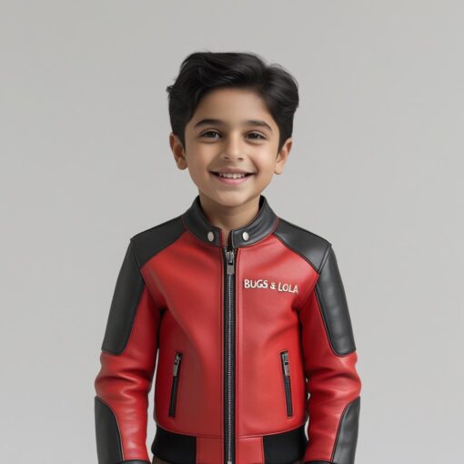 BUGS & LOLA Kids Synthetic Leather Jacket – Red & Black