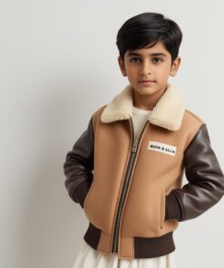 BUGS & LOLA Kids Shearling Collar Wool Jacket with Leather Sleeves – Tan & Brown