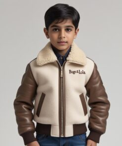BUGS & LOLA Kids Shearling Collar Wool Jacket – Cream & Brown