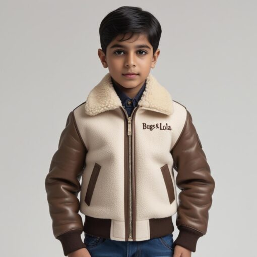 BUGS & LOLA Kids Shearling Collar Wool Jacket – Cream & Brown