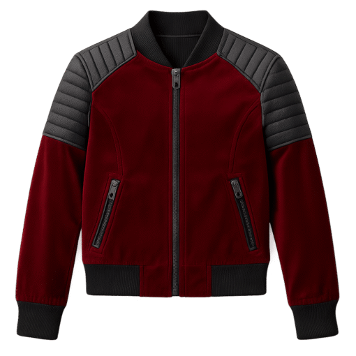 Kids Velvet & Faux Leather Jacket – Red & Black Quilted Design | Stylish & Warm Outerwear