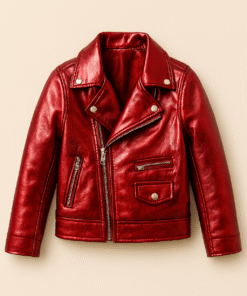Kids' Glossy Red Leather Biker Jacket with Asymmetrical Zipper – Stylish, Durable & Cold-Weather Ready