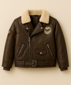 Kids' Leather Pilot Jacket with Shearling Collar & “Sky Patrol” Patch – Durable, Warm & Adventure-Ready