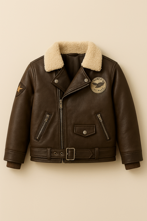 Kids' Leather Pilot Jacket with Shearling Collar & “Sky Patrol” Patch – Durable, Warm & Adventure-Ready