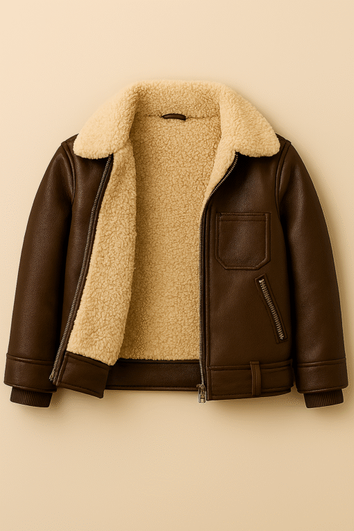 Kids' Leather Pilot Jacket with Shearling Collar & “Sky Patrol” Patch – Durable, Warm & Adventure-Ready - Image 2