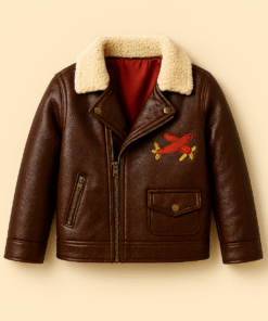 Kids' Leather Bomber Jacket with Shearling Collar & Airplane Patch – Rugged, Warm & Adventure-Ready