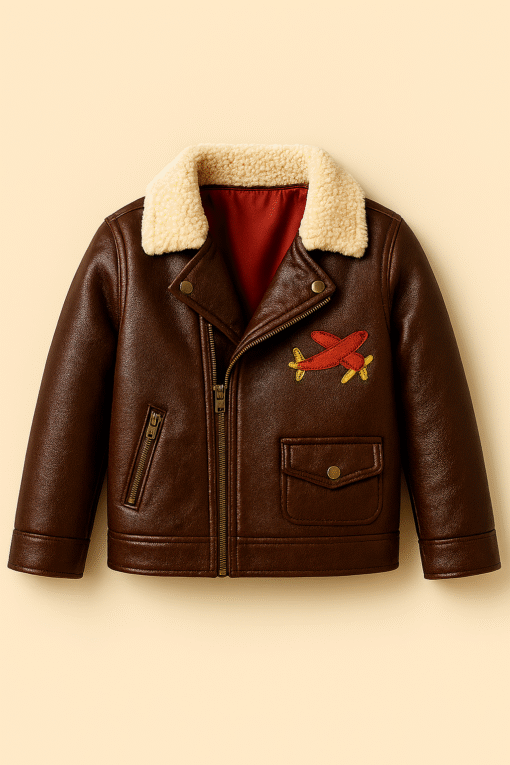 Kids' Leather Bomber Jacket with Shearling Collar & Airplane Patch – Rugged, Warm & Adventure-Ready