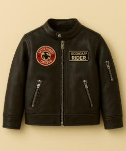 Kids' Black Leather Moto Jacket with Aviation Patches – Rugged Winter Style for Pakistan