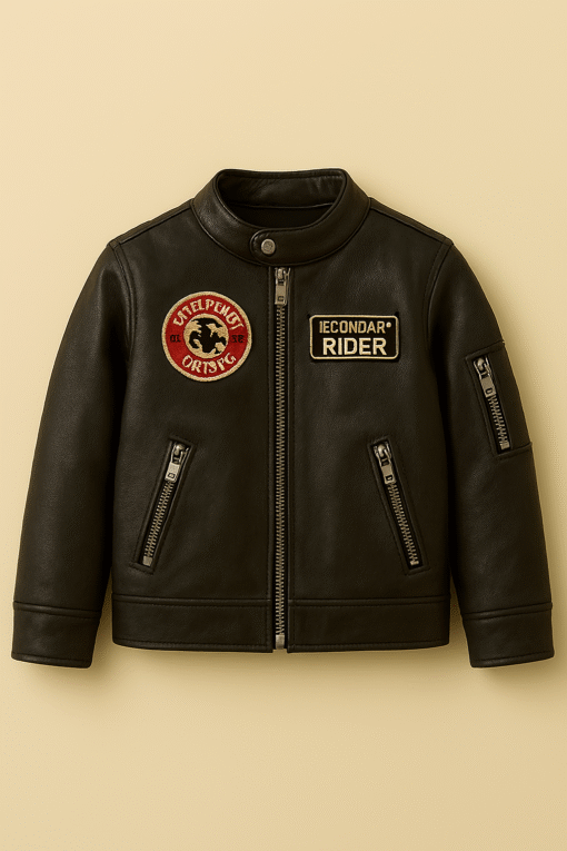 Kids' Black Leather Moto Jacket with Aviation Patches – Rugged Winter Style for Pakistan