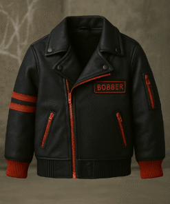 Kids' Leather Biker Jacket with Red Zipper & “BOBBER” Patch – Bold, Durable & Cold-Weather Approved