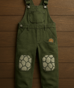 Kids' Green Cotton Overalls with Turtle Shell Knee Patches – Rugged, Fun & Adventure-Ready