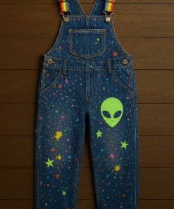 Kids' Rainbow-Strapped Cotton Denim Overalls with Alien Print – Colorful, Comfortable & Adventure-Ready