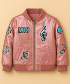 Kids' Metallic Pink Leather Jacket with Musical Notes & Faux Fur Lining – Bold, Warm & Performance-Ready