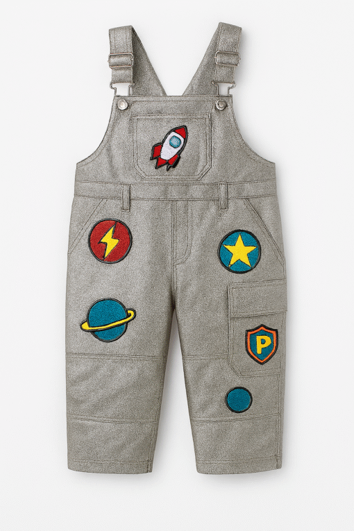 Kids' Cotton Overalls with Space & Superhero Patches – Breathable Everyday Adventurewear