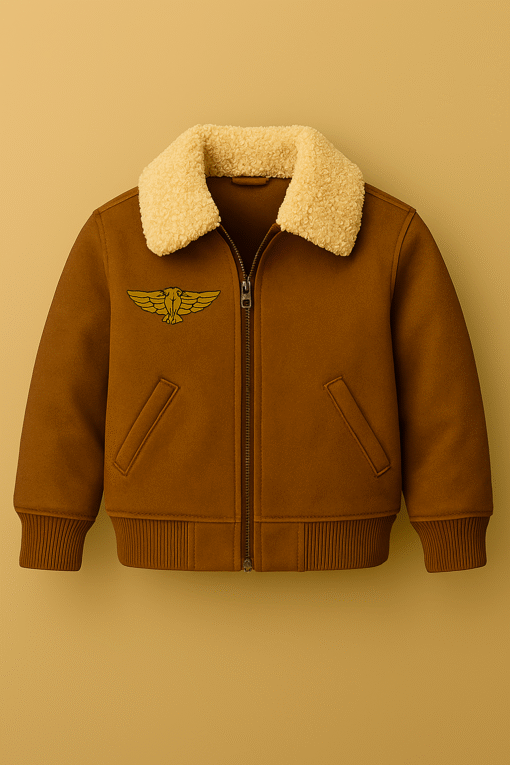 Kids' Suede Leather Bomber Jacket with Sherpa Collar – Winter-Ready Outerwear for Northern Pakistan