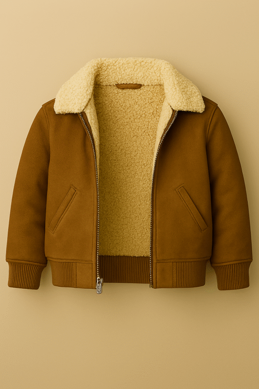 Kids' Suede Leather Bomber Jacket with Sherpa Collar – Winter-Ready Outerwear for Northern Pakistan - Image 2