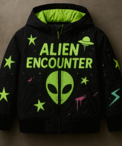 Kids Alien Encounter Fleece Jacket – Hooded Winter Coat with Neon Space Graphics (Black & Green)
