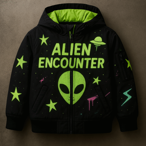 Kids Alien Encounter Fleece Jacket – Hooded Winter Coat with Neon Space Graphics (Black & Green)