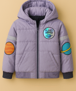 Kids Space-Themed Puffer Jacket – Warm Winter Coat with Hood & Planet Patches (Purple)