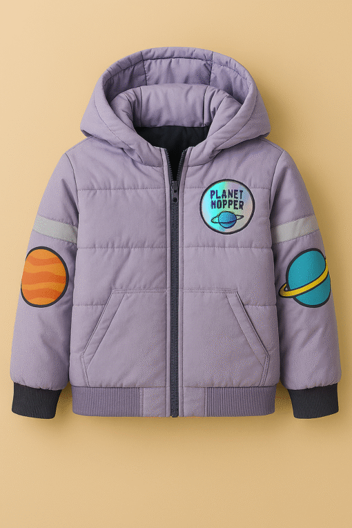 Kids Space-Themed Puffer Jacket – Warm Winter Coat with Hood & Planet Patches (Purple)