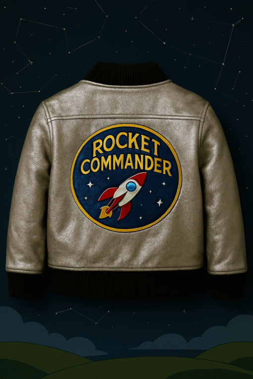 Kids Rocket Commander Faux Leather Bomber Jacket – Space-Themed Winter Flight Jacket (Silver) - Image 2
