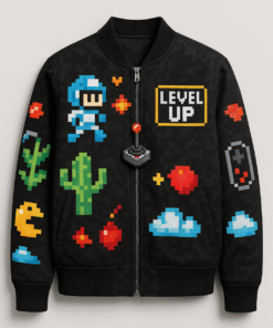 Kids Level Up Fleece Bomber Jacket – Retro Pixel Gaming Design for Winter (Black)