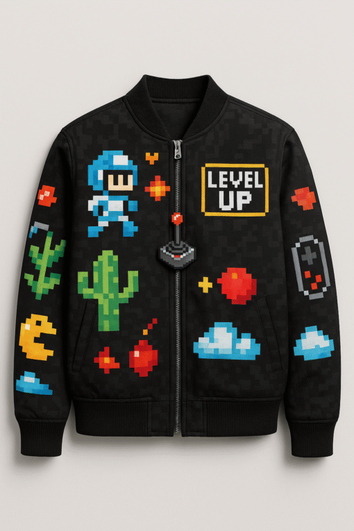 Kids Level Up Fleece Bomber Jacket – Retro Pixel Gaming Design for Winter (Black)