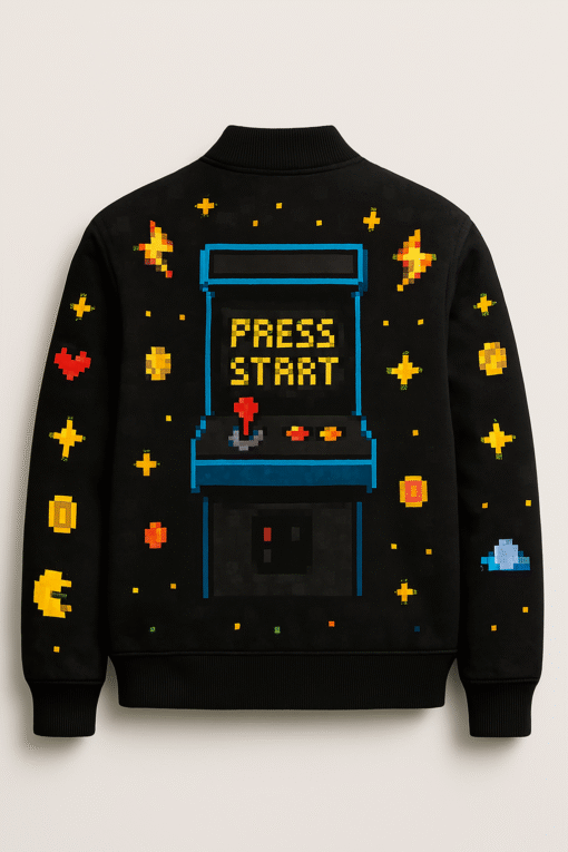 Kids Level Up Fleece Bomber Jacket – Retro Pixel Gaming Design for Winter (Black) - Image 2
