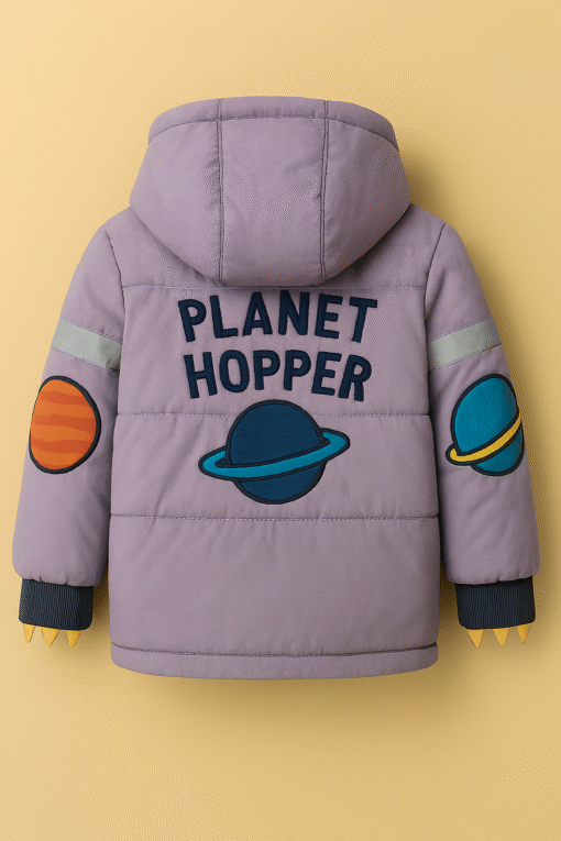 Kids Space-Themed Puffer Jacket – Warm Winter Coat with Hood & Planet Patches (Purple) - Image 2