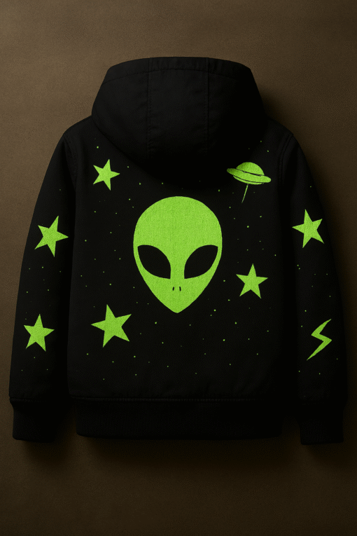 Kids Alien Encounter Fleece Jacket – Hooded Winter Coat with Neon Space Graphics (Black & Green) - Image 2