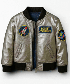 Kids Rocket Commander Faux Leather Bomber Jacket – Space-Themed Winter Flight Jacket (Silver)